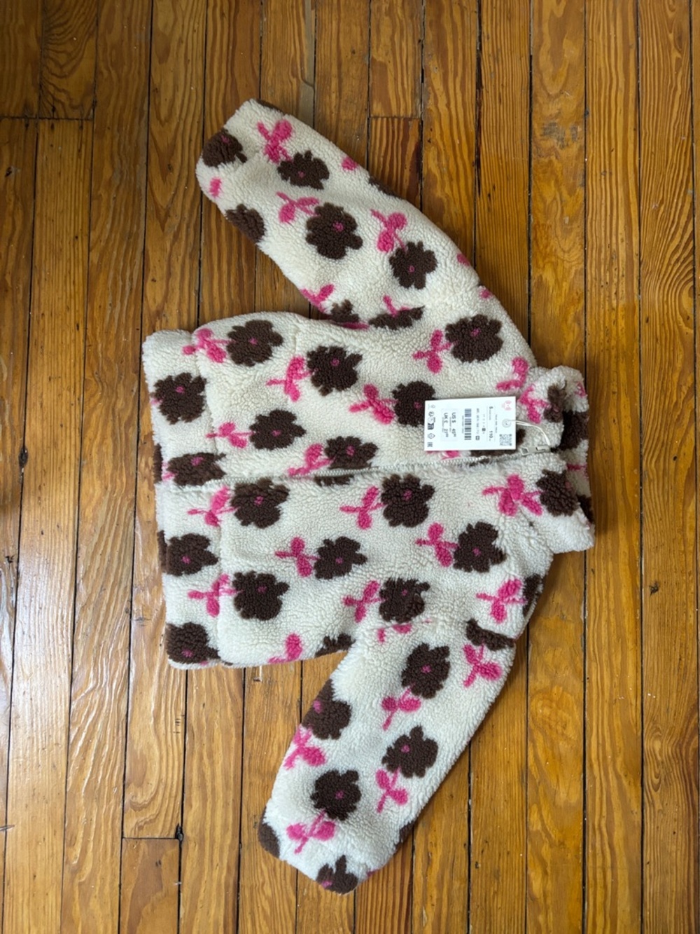 Zara Plush Teddy Fleece Jacket with Pink & Brown Floral Print